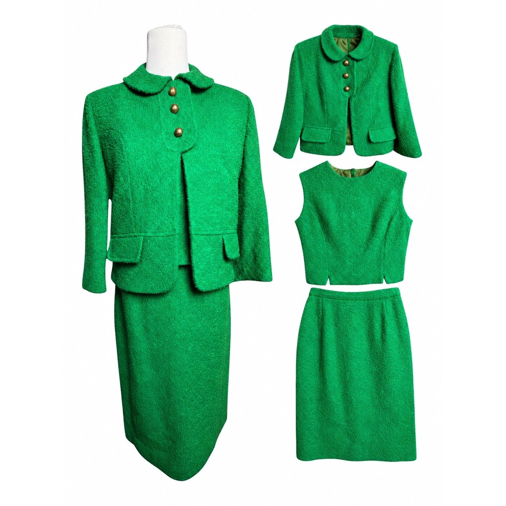 Vintage 1960s Arthur Jay 3-Piece Tweed Suit Blazer Shell Skirt Green Size 11